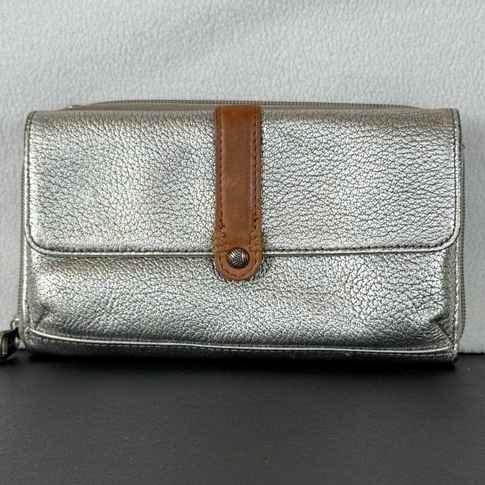 The Sak Convertible Wallet/Clutch in Metallic Silver with Tan Leather Accent - Picture 2 of 7